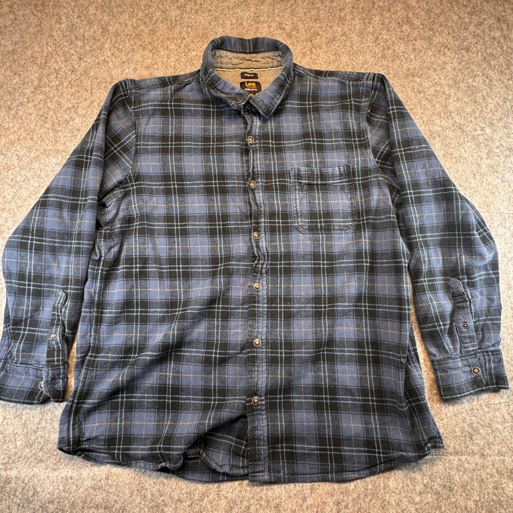 Lee Men Regular Fit Plaid Flannel Shirt Long Sleeve Stretch XXL Blue Black